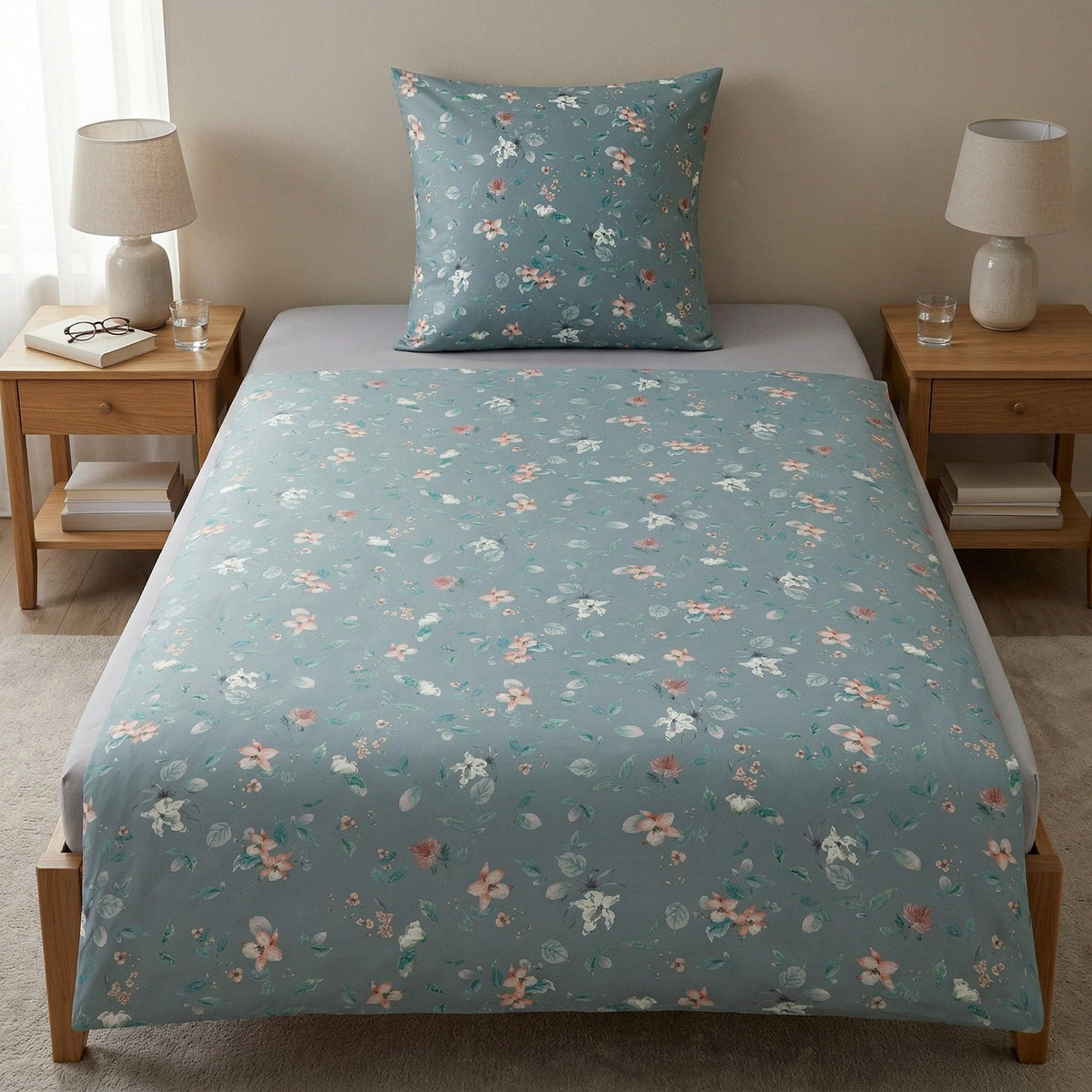Blaugrüne Bettwäsche mit zartem Blumenmuster auf gemachtem Bett.