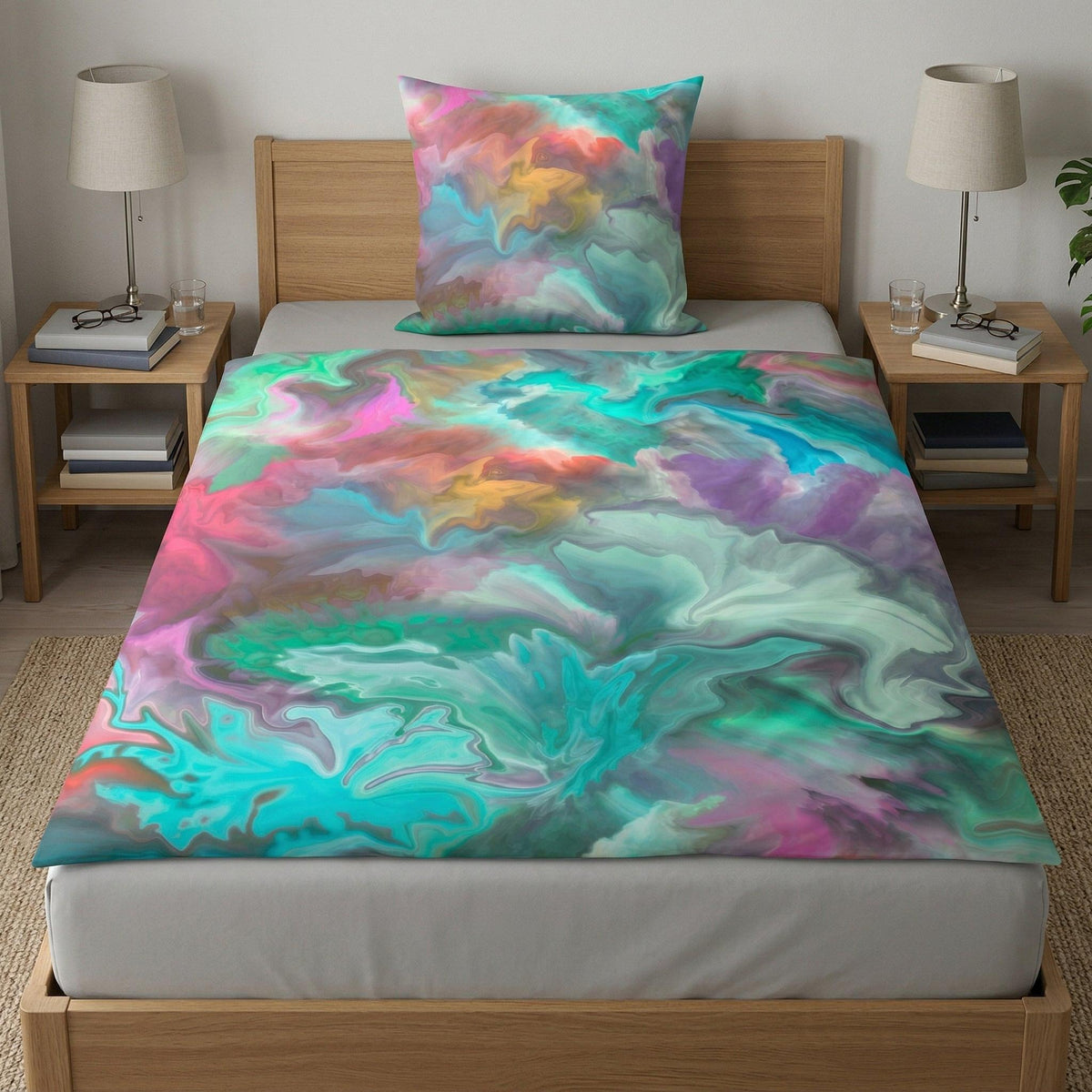 Bettwäsche mit buntem Marmormuster auf Holzbett im Schlafzimmer.