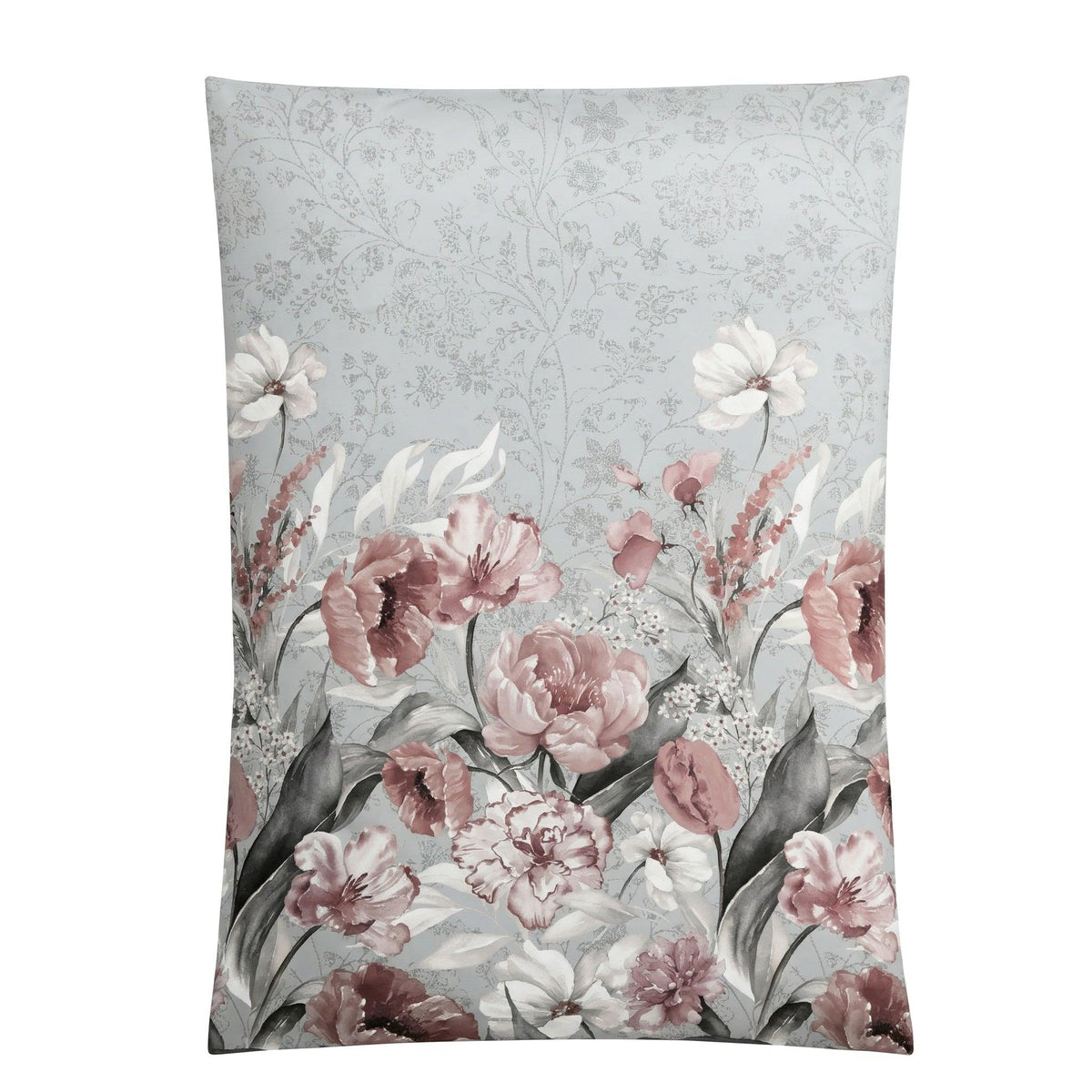 Hellblaue Bettwäsche mit rosa Blumenmuster und feinen Ranken.