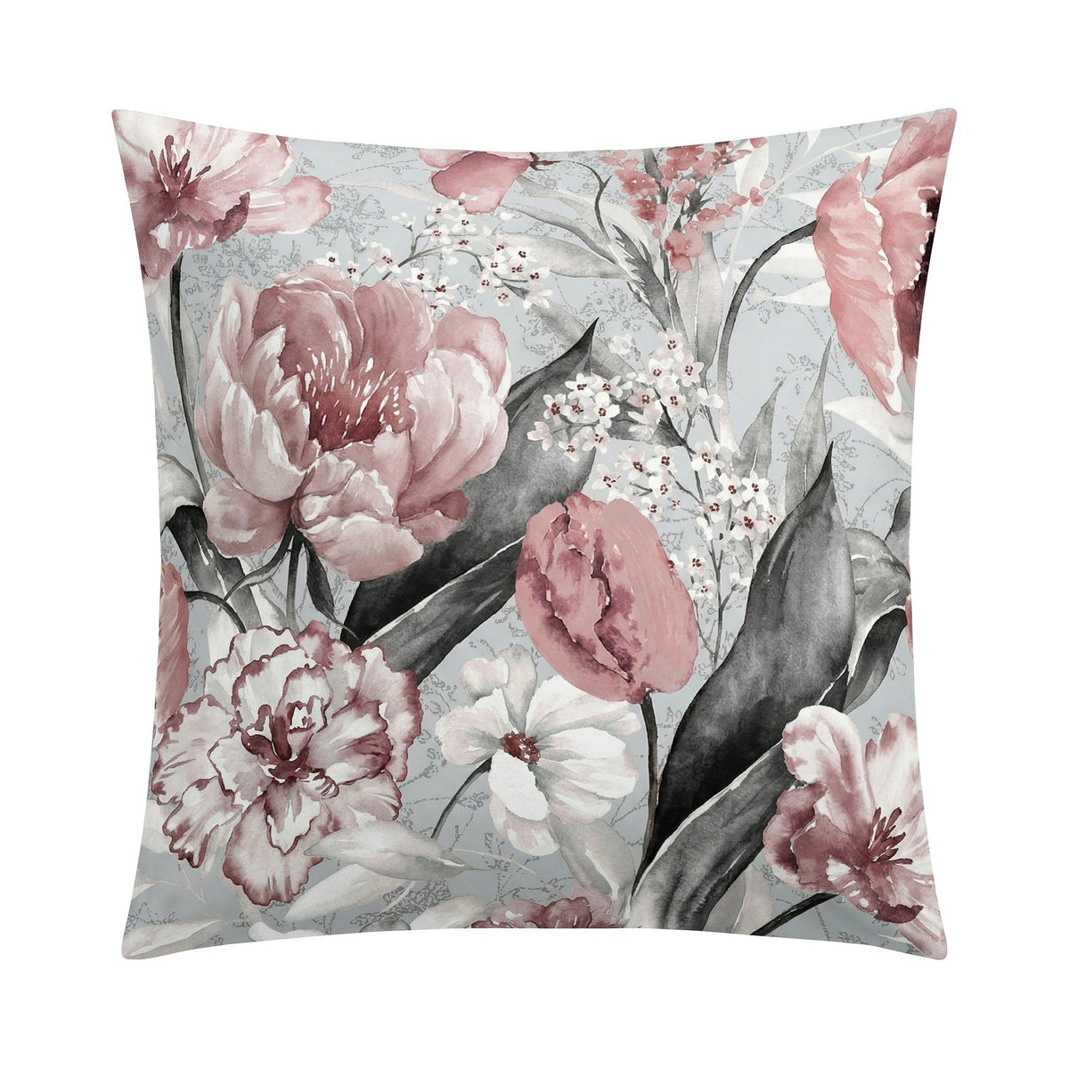 Kopfkissenüberzug mit rosa Blumenmuster auf hellblauem Grund.