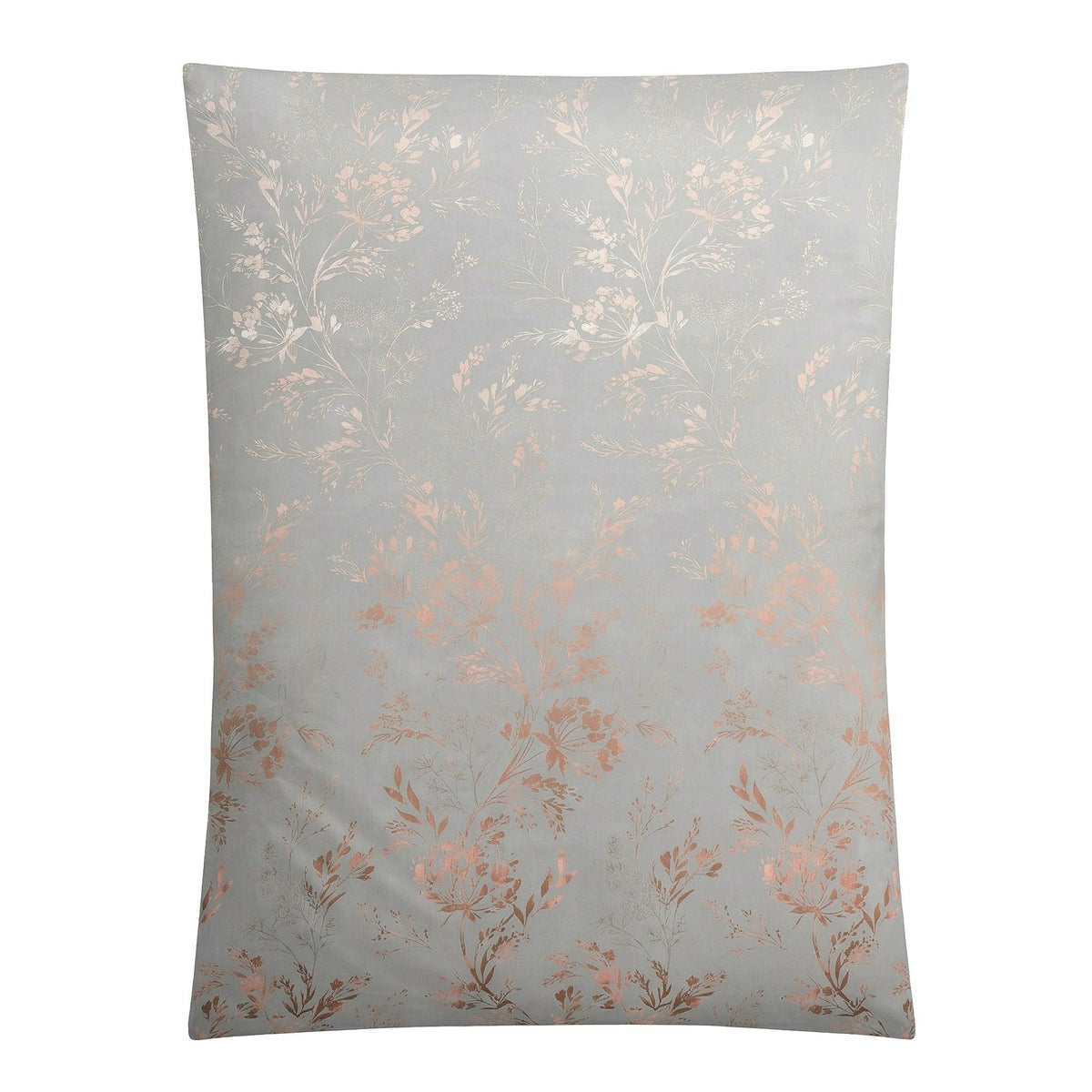 Graublaue Bettwäsche mit zartem Blumenmuster in Roségold.