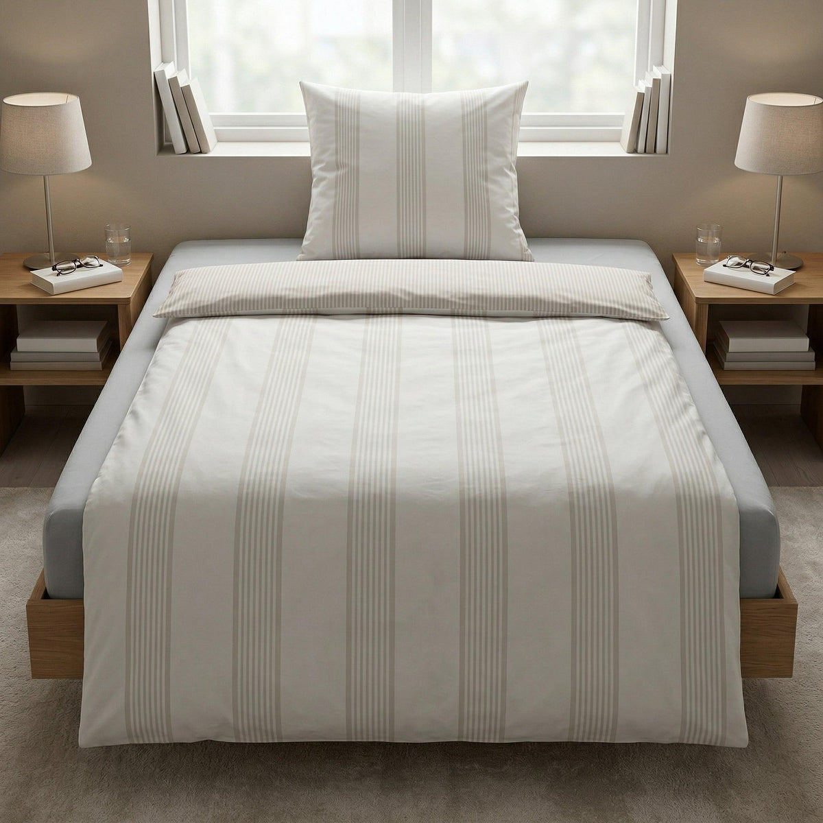 Gestreifte Bettwäsche in Beige-Weiß auf modernem Bett.