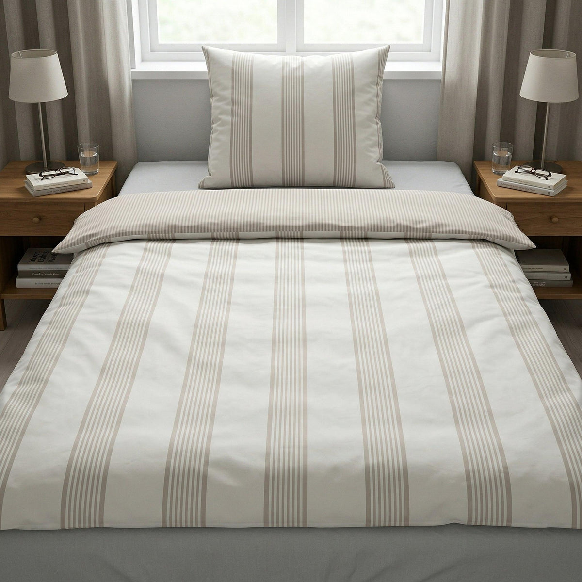 Gestreifte Bettwäsche in Beige-Weiß auf ordentlich gemachtem Bett.