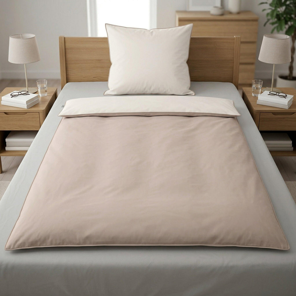 Beige Bettwäsche mit Kissen auf Holzbett, Nachttische und Lampen.