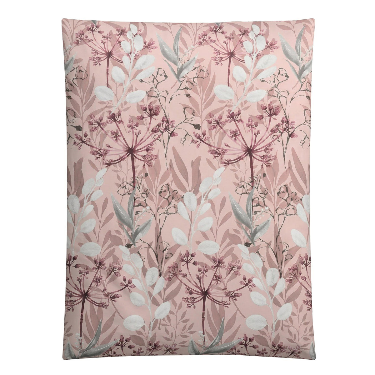 Rosafarbene Bettwäsche mit floralem Muster in Weiß und Mauve.