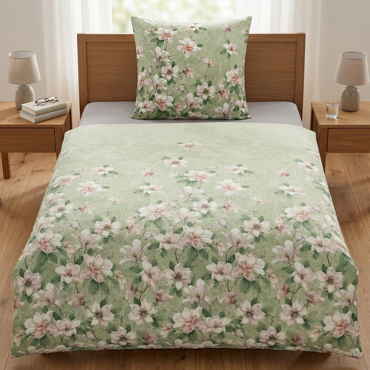 Grüne Bettwäsche mit rosa Blütenmuster auf einem Holzbett.
