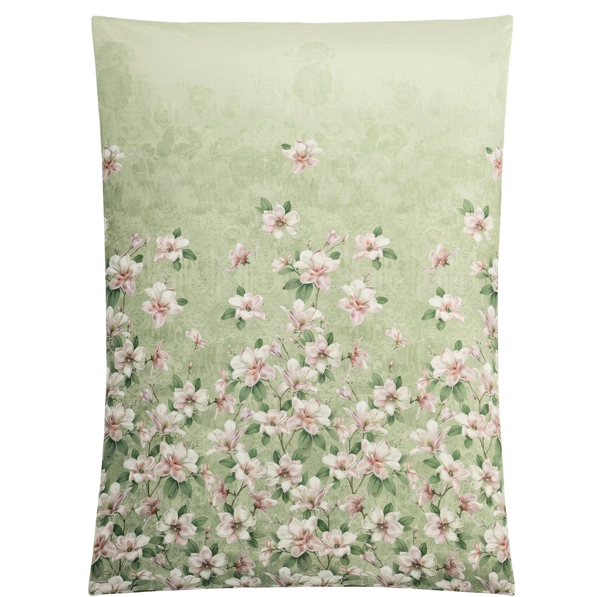 Grüne Bettwäsche mit zarten rosa Blüten und floralem Verlaufsmuster