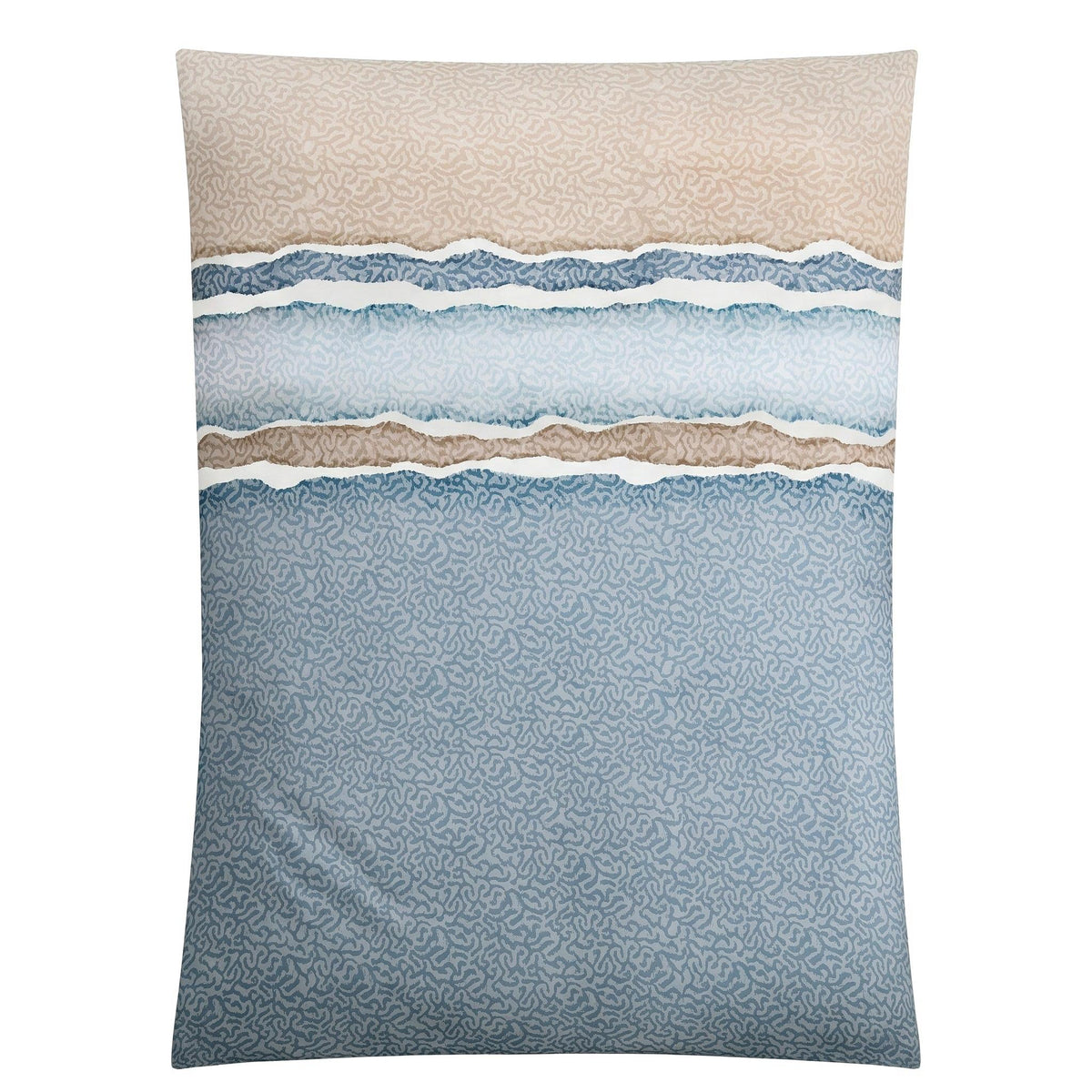Bettwäsche in Blau und Beige mit welligem Streifenmuster.