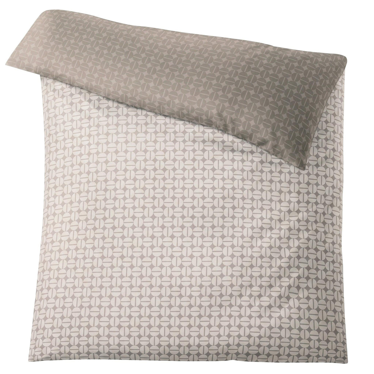Beige Bettwäsche mit grafischem Kreismuster in Weiß und Taupe.