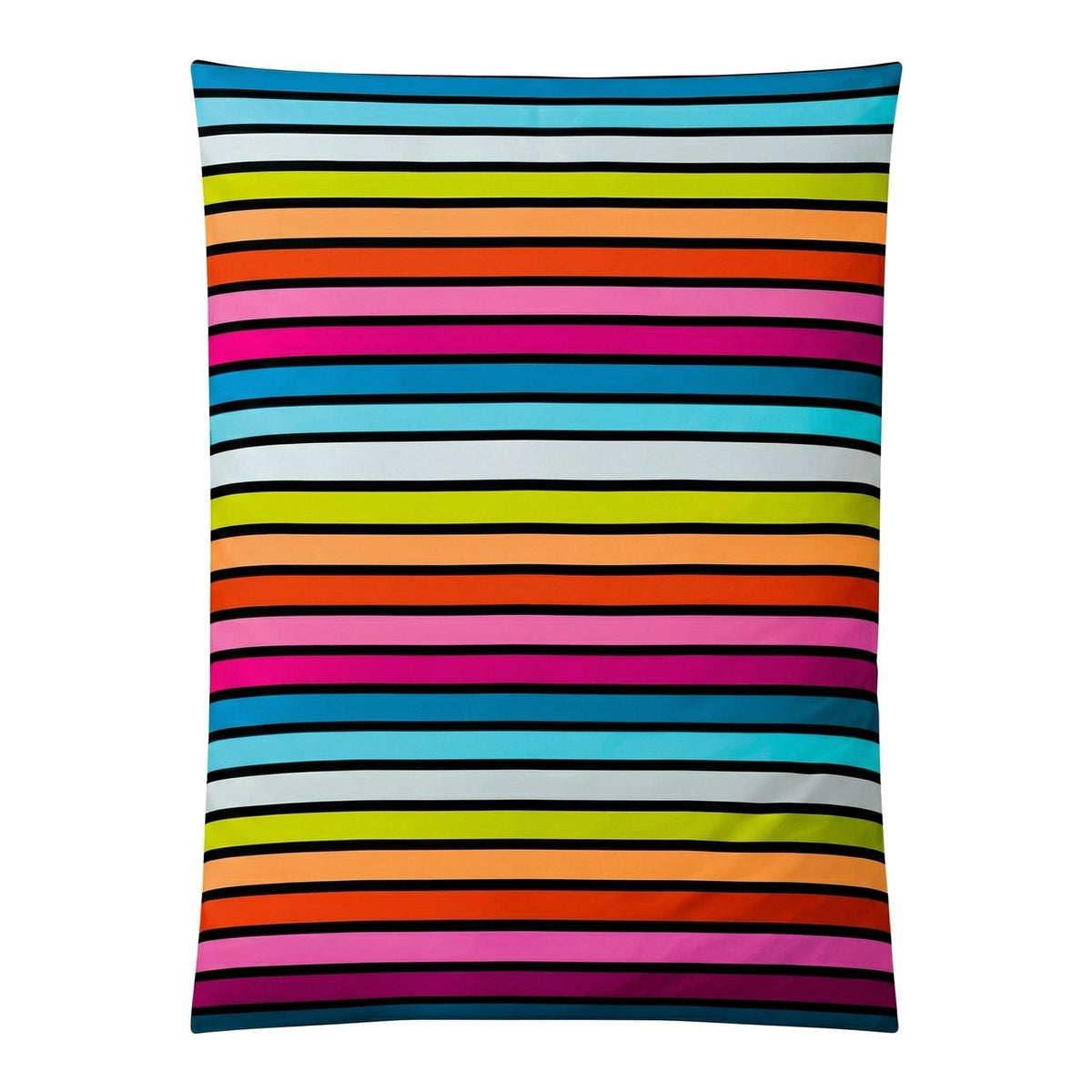 Bettwäsche mit bunten Querstreifen in Pink, Blau, Orange und Gelb.