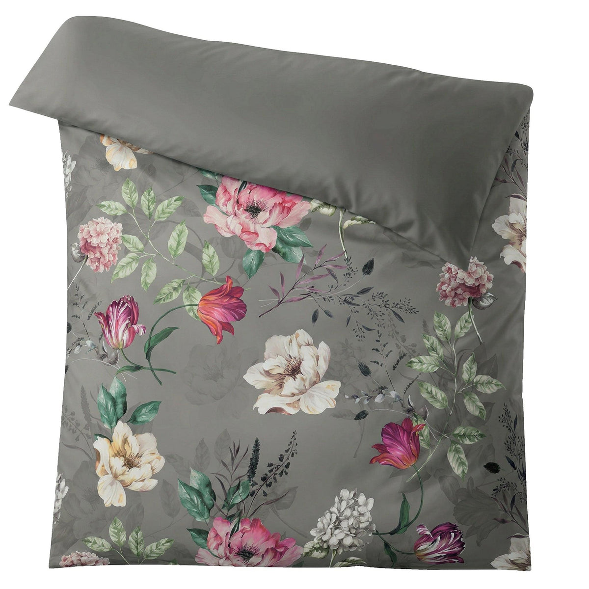 Graue Bettwäsche mit floralem Muster in Rosa, Creme und Grün.