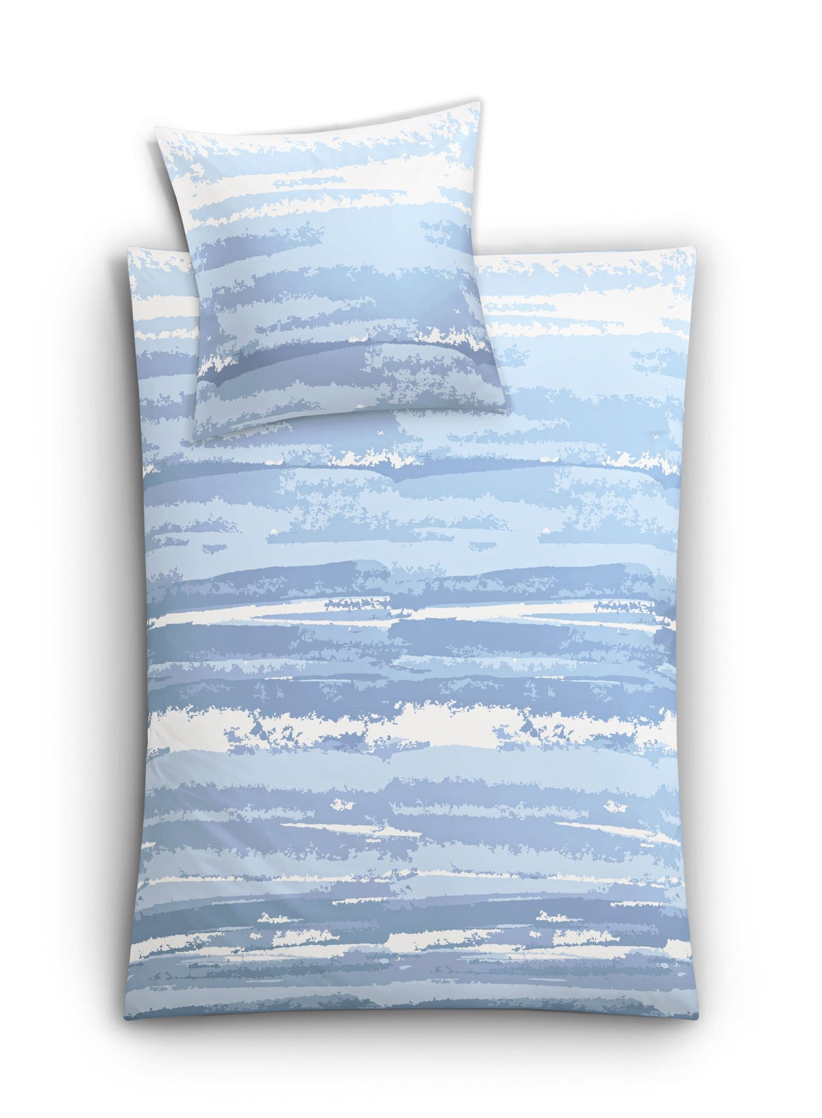 Bettwäsche-Set mit blau-weißen Querstreifen auf weißem Hintergrund