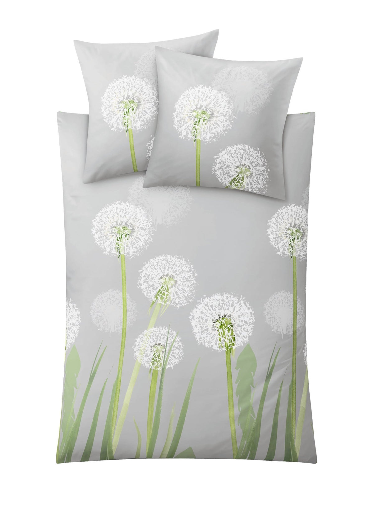 Graues Bettwäsche-Set mit weißen Pusteblumen und grünen Stielen als Motiv