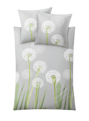 Graues Bettwäsche-Set mit weißen Pusteblumen und grünen Stielen als Motiv