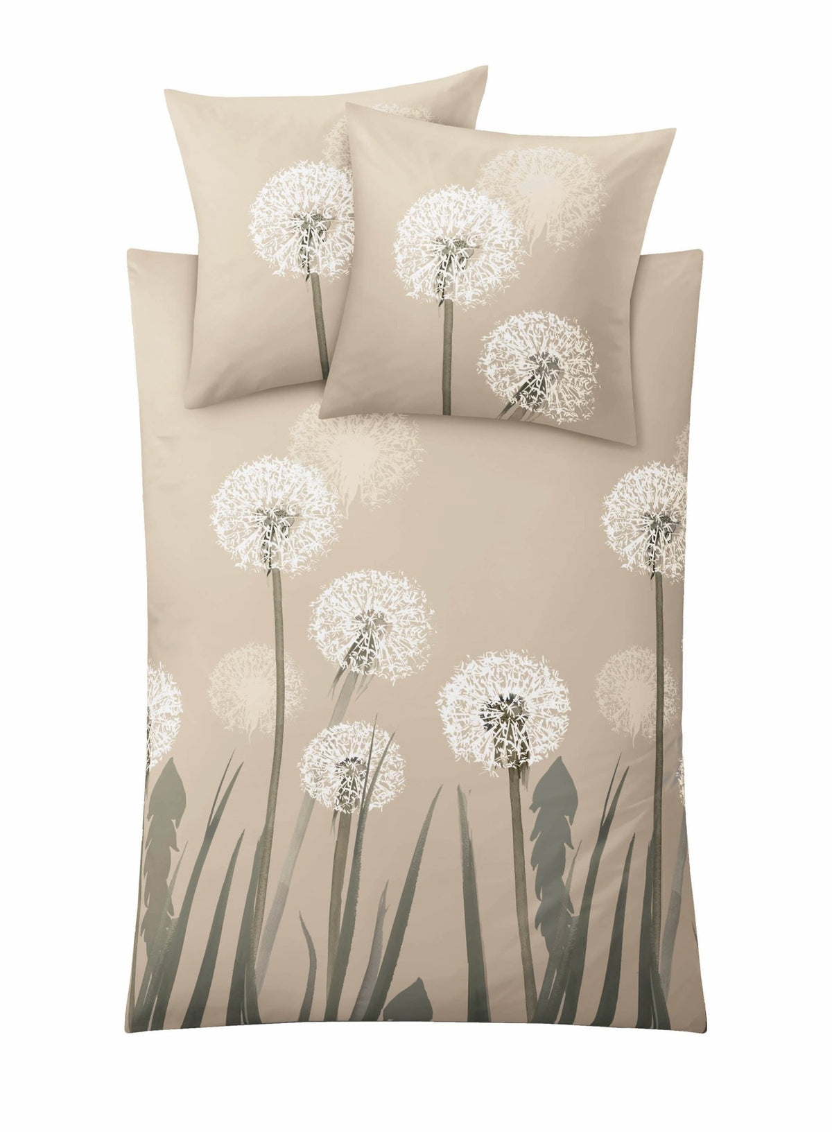 Bettwäsche in Beige mit weißen Pusteblumen und grünen Grashalmen