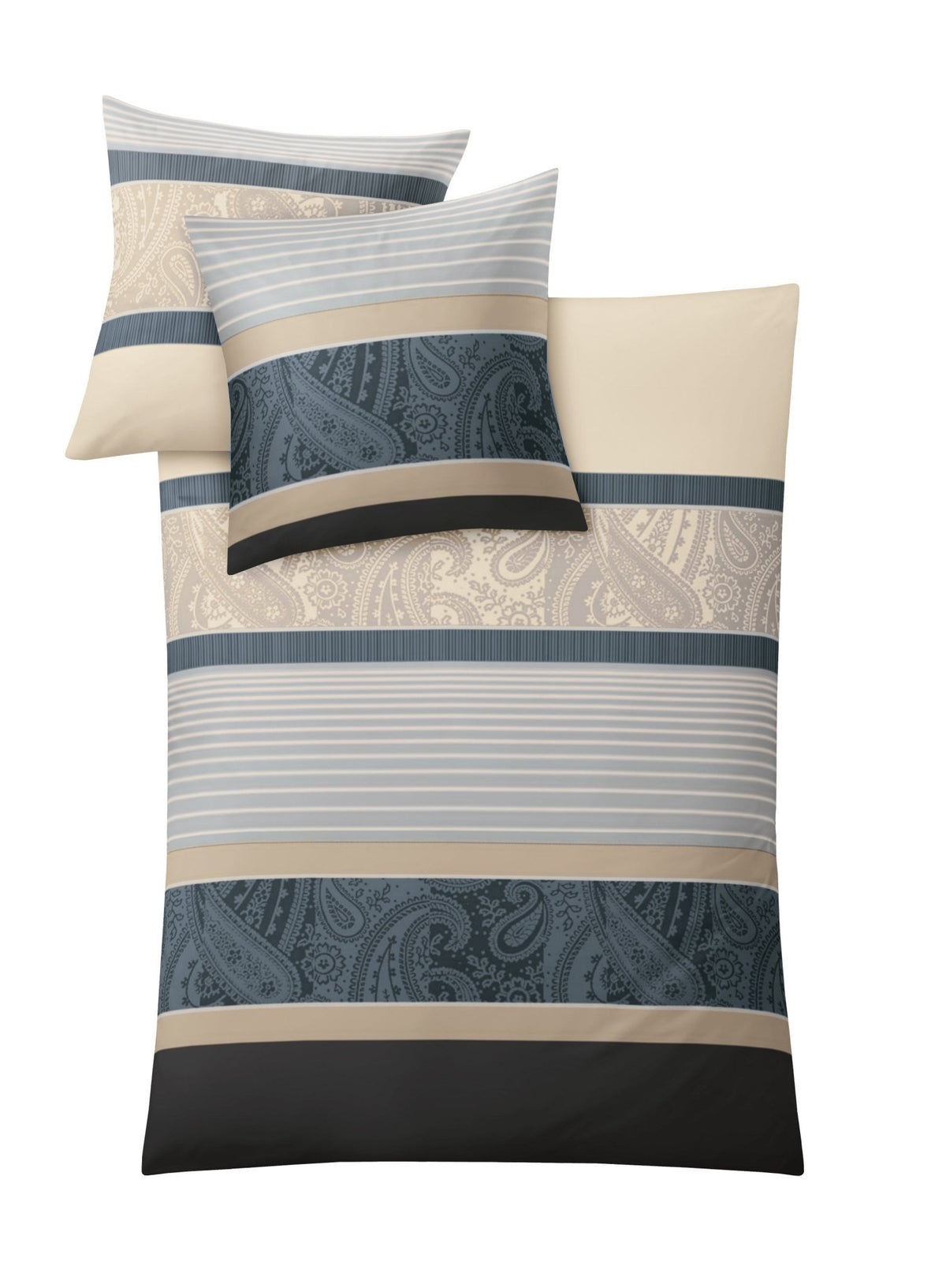 Bettwäsche-Set mit blau-beige-grauen Streifen und Paisleymuster Motiv