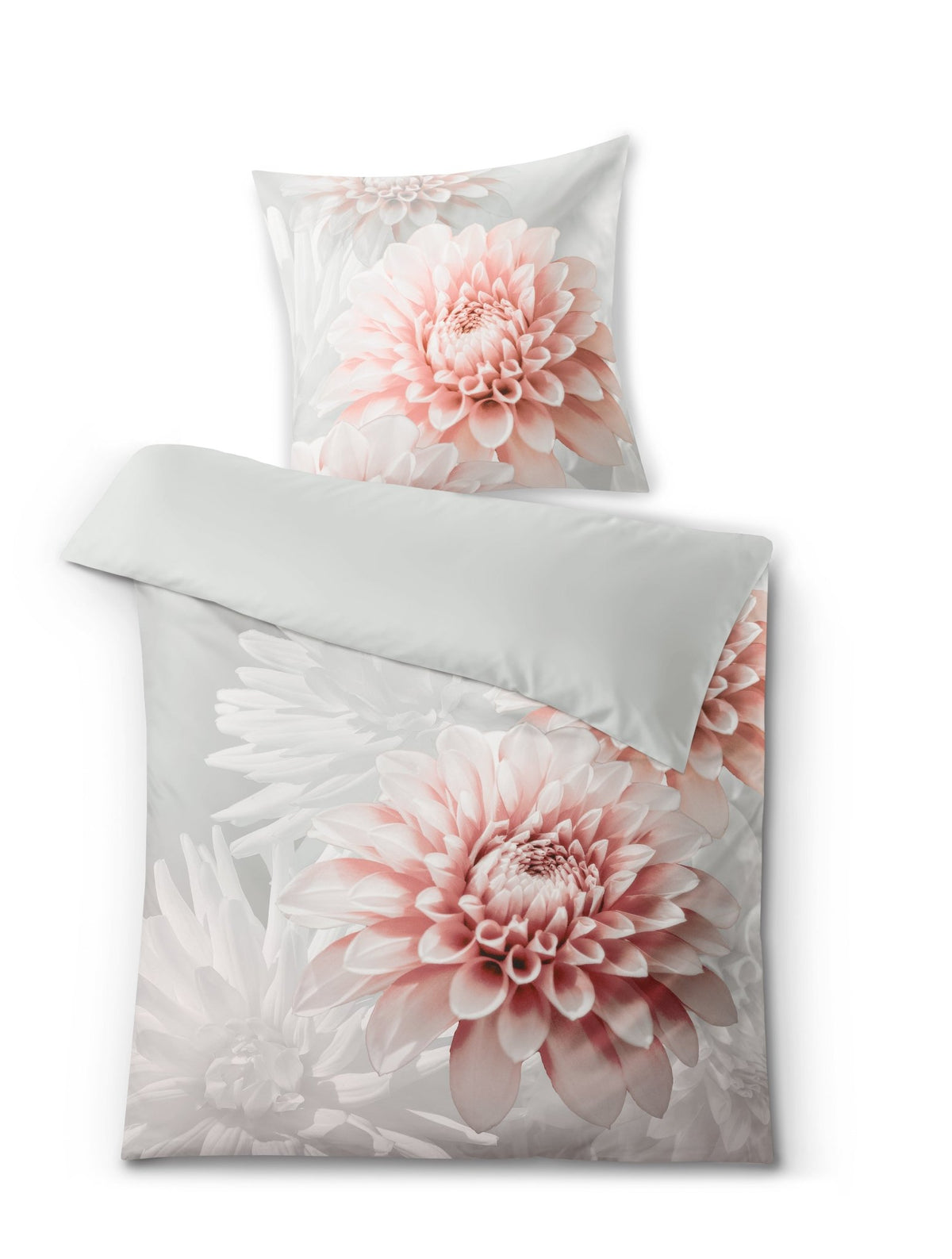 Bettwäsche-Set in Weiß mit großem rosa Blumenmotiv auf Decke und Kissen