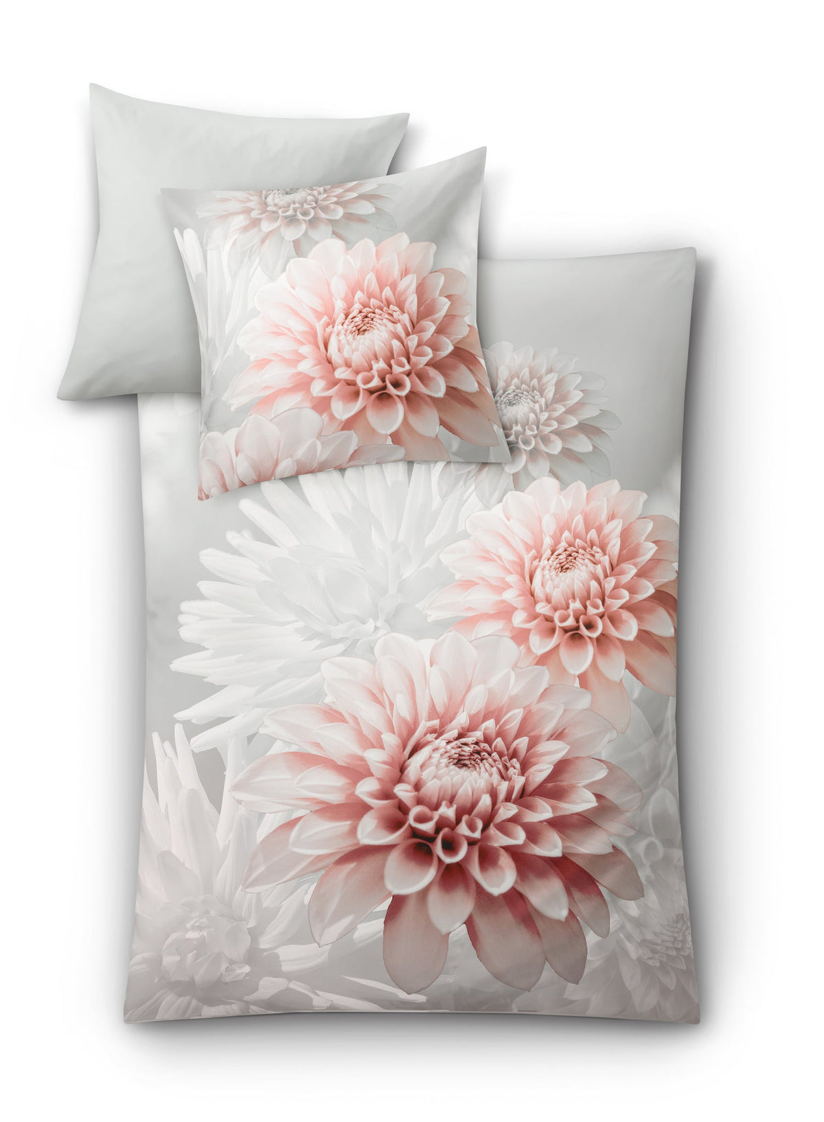 Bettwäsche in Grau mit rosa-weißen Dahlienblüten auf Decke und Kissen
