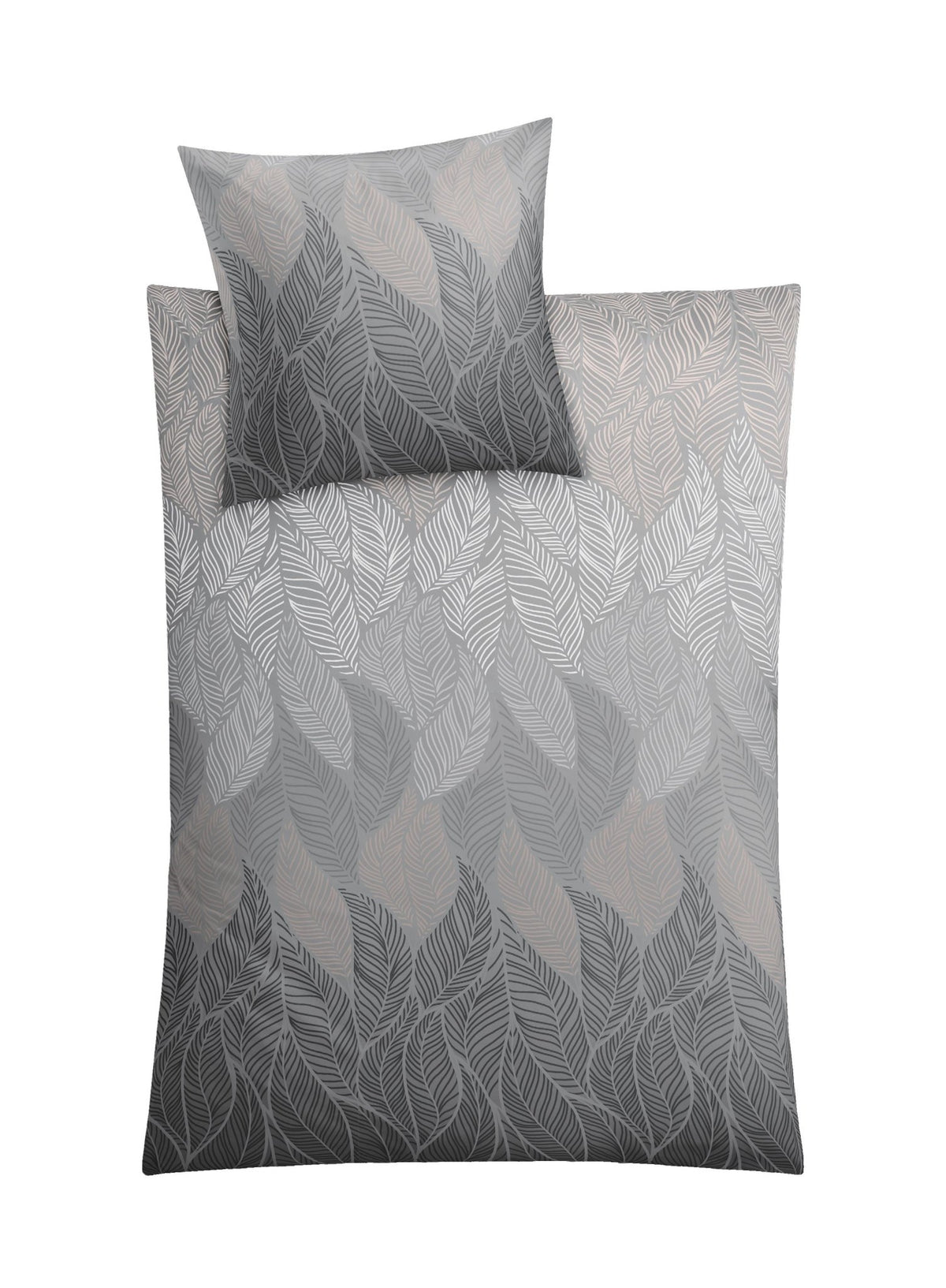 Bettwäsche-Set in Grau mit Blätter-Muster, Kissen und Decke oben gefaltet