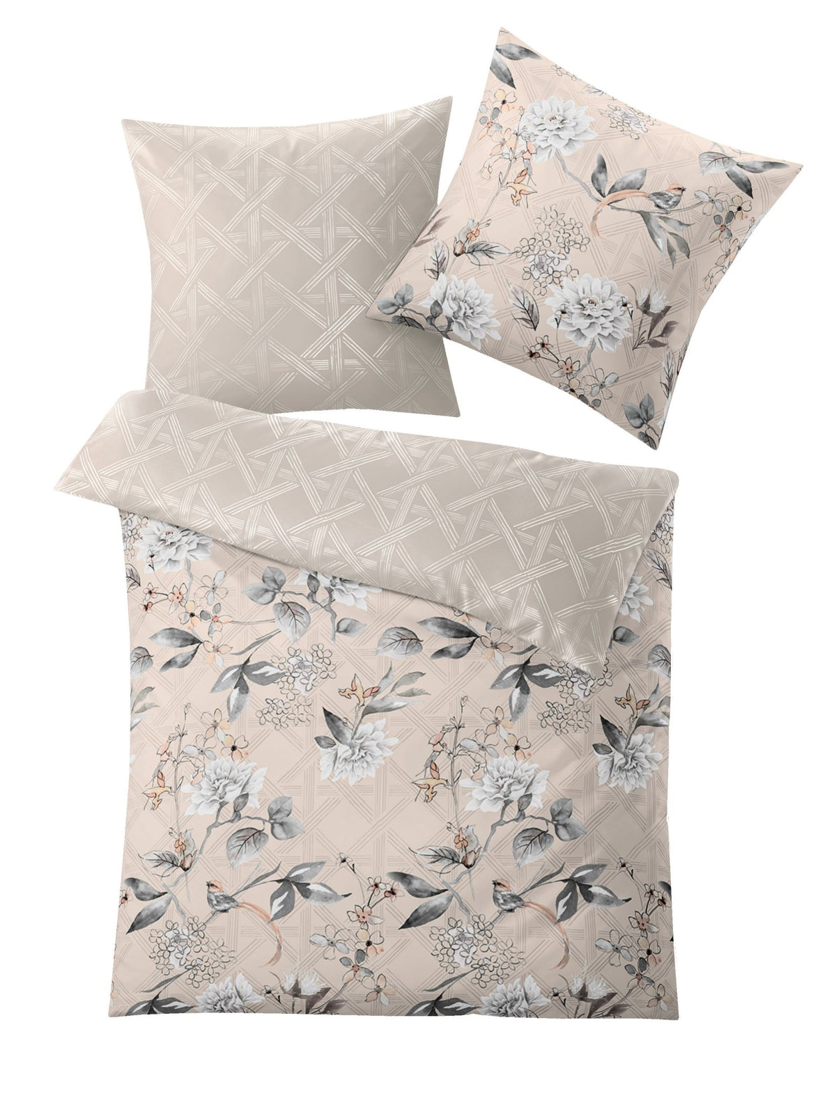 Beige Bettwäschegarnitur mit zarten floralen und grafischen Mustern