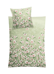 Bettwäsche-Set in hellem Grün mit zartem rosa Blumenmuster allover
