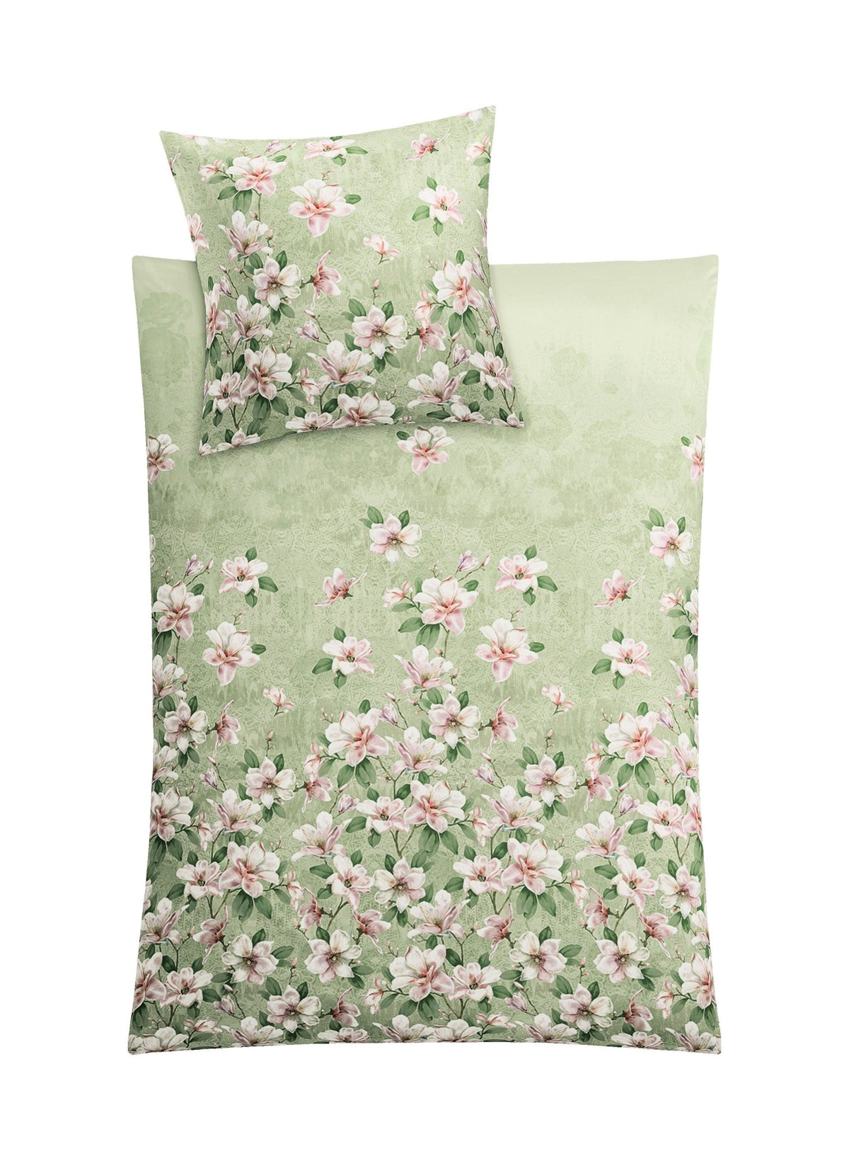Bettwäsche-Set in zartem Grün mit dichtem Blütenmuster in Rosa und Weiß
