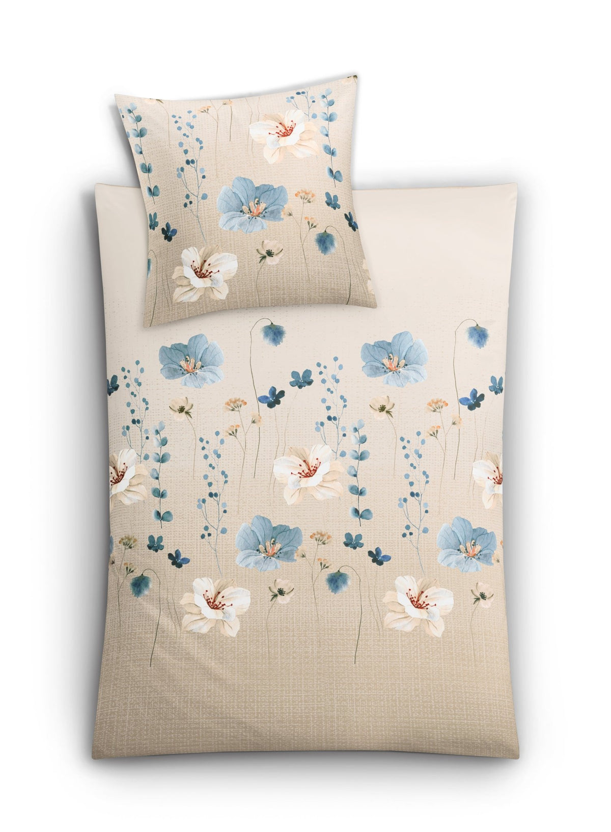 Bettwäsche-Set in Beige mit zarten weißen und blauen Blumenmotiven