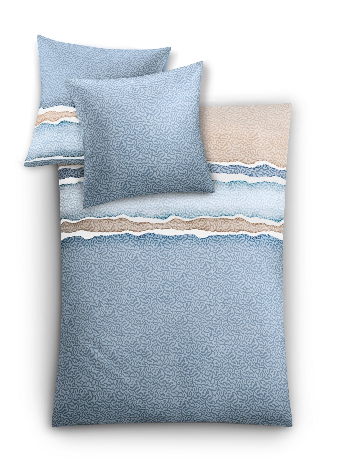 Bettwäsche-Set in Blau mit beigen Wellenstreifen und zwei Kissenbezügen