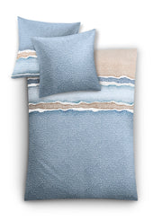 Bettwäsche-Set in Blau mit beigen Wellenstreifen und zwei Kissenbezügen