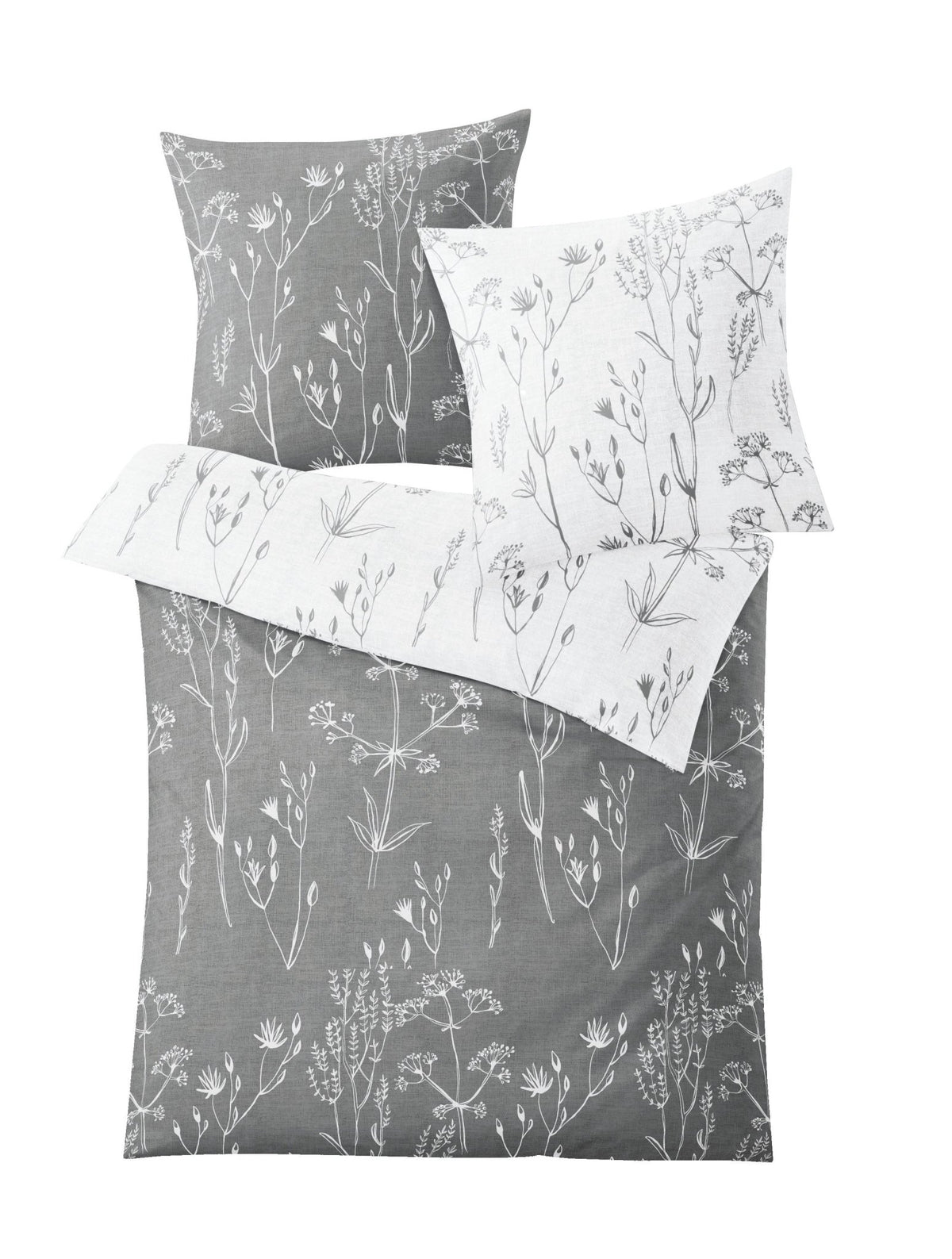 Bettwäsche-Set in Grau und Weiß mit feinem floralen Linienmuster als Dekor