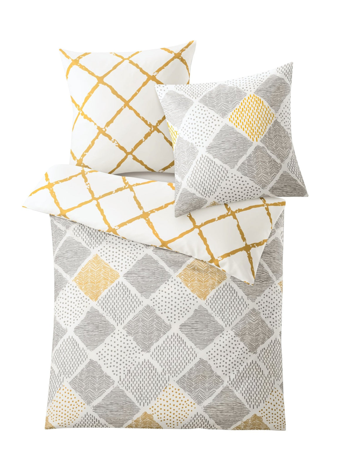 Bettwäsche-Set mit gelb-grauem Rautenmuster, Decke und zwei Kissen