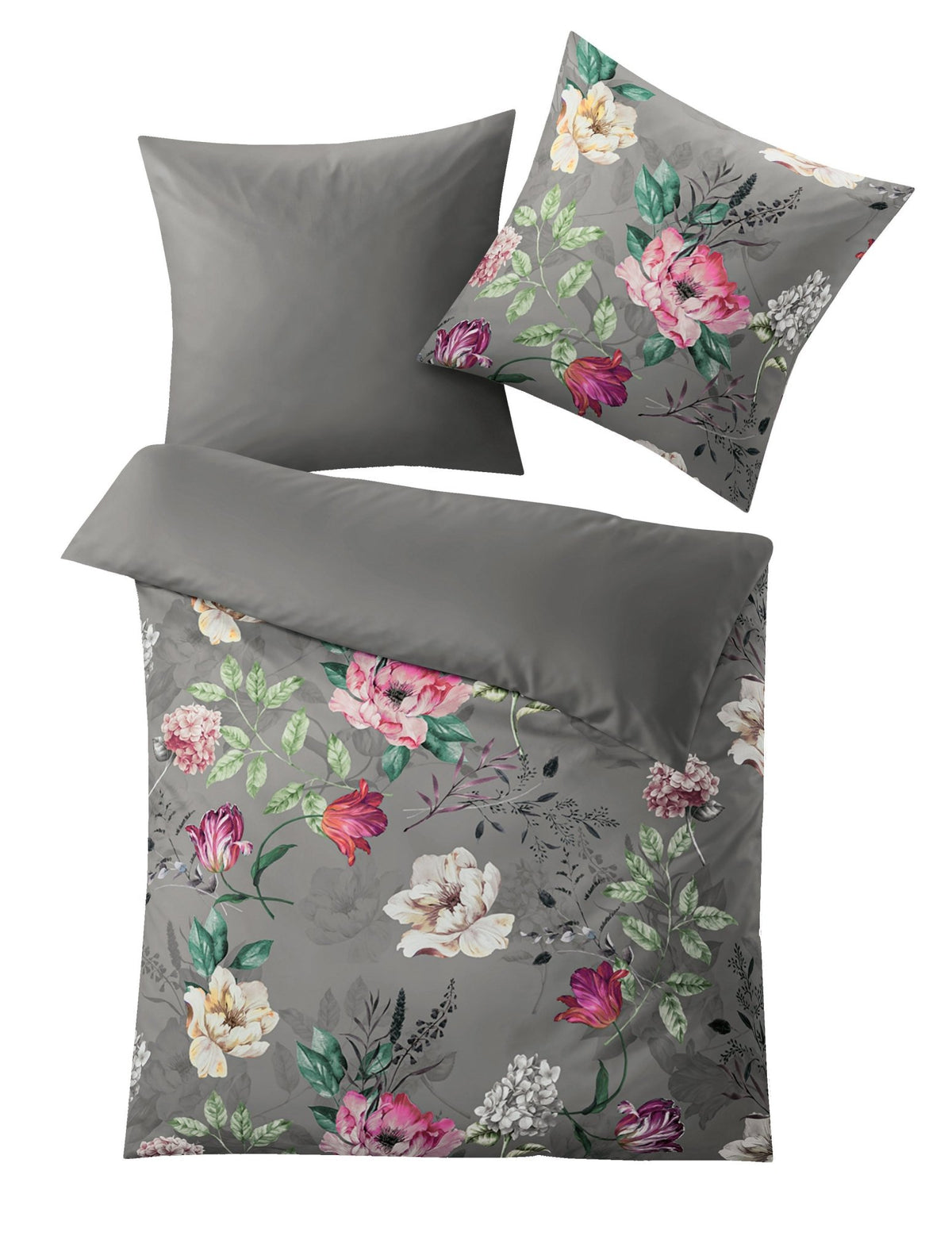 Graue Bettwäsche mit buntem Blumenmuster, Decken- und Kissenbezug