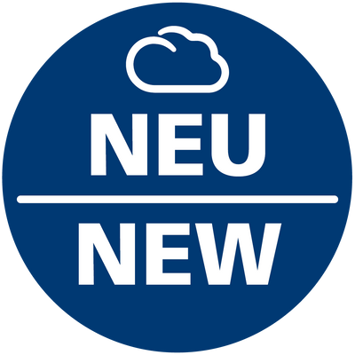 Blauer Kreis mit weißer Wolke und zweizeiligem Schriftzug NEU NEW