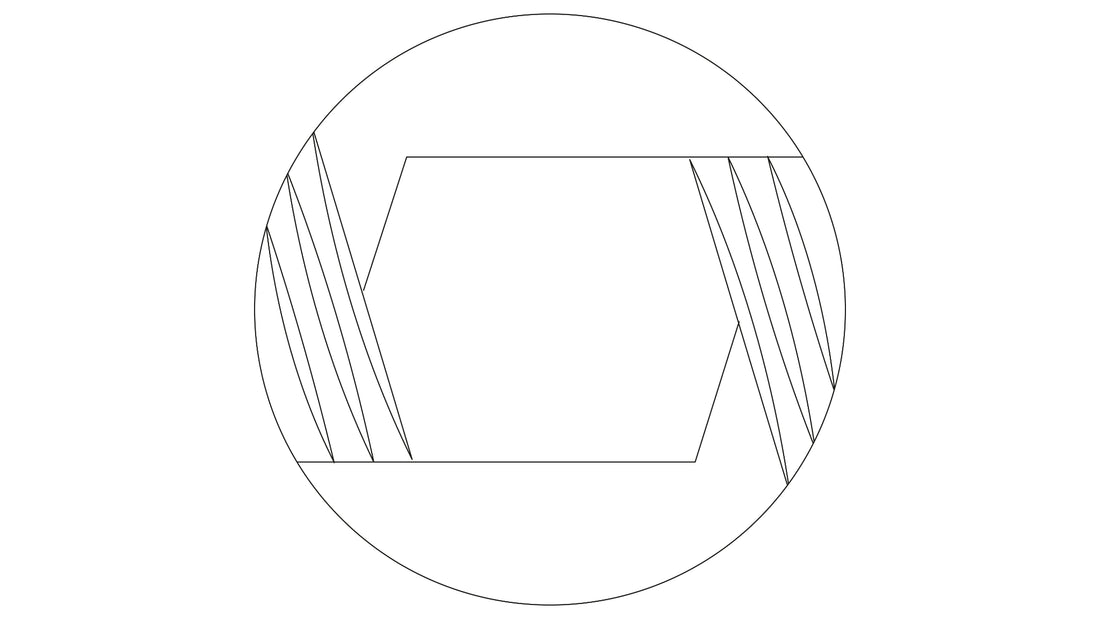 Abstrakte schwarz-weiße Liniengrafik mit ovalem Rahmen und Hexagon