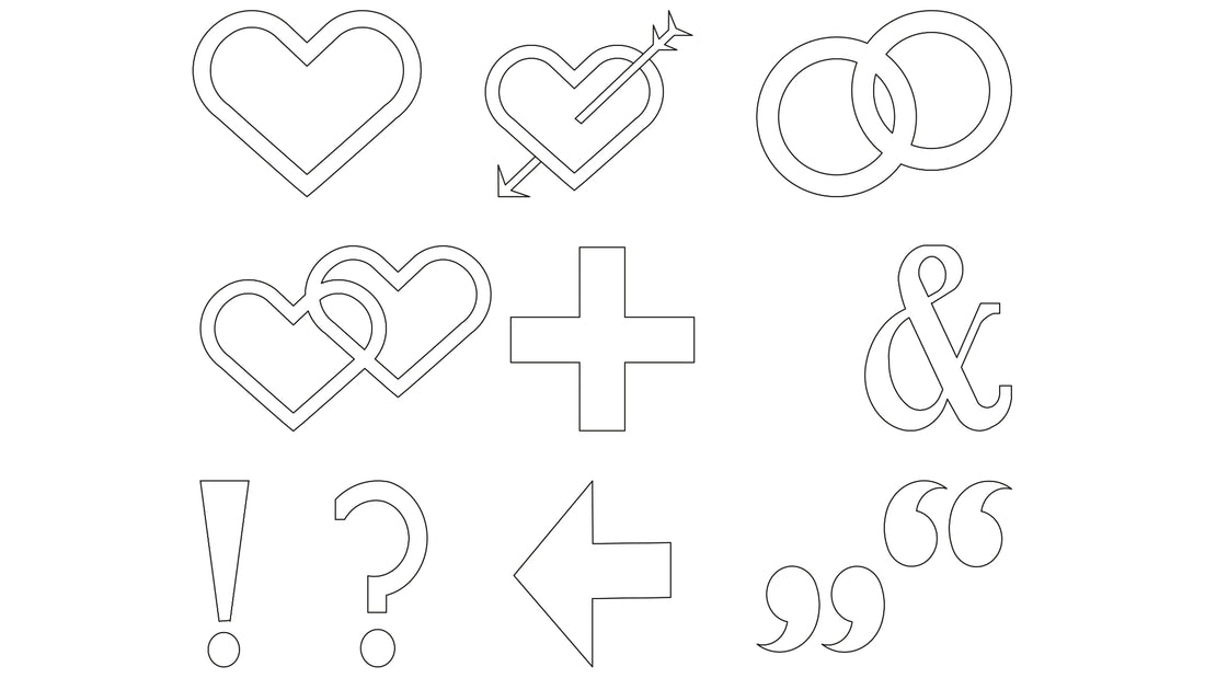 Liniengrafik mit Herzen, Ringen, Symbolen wie Plus, Pfeil und Fragezeichen