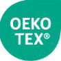 Türkisfarbenes OEKO-TEX Logo in Tropfenform mit weißer Schrift und Rand