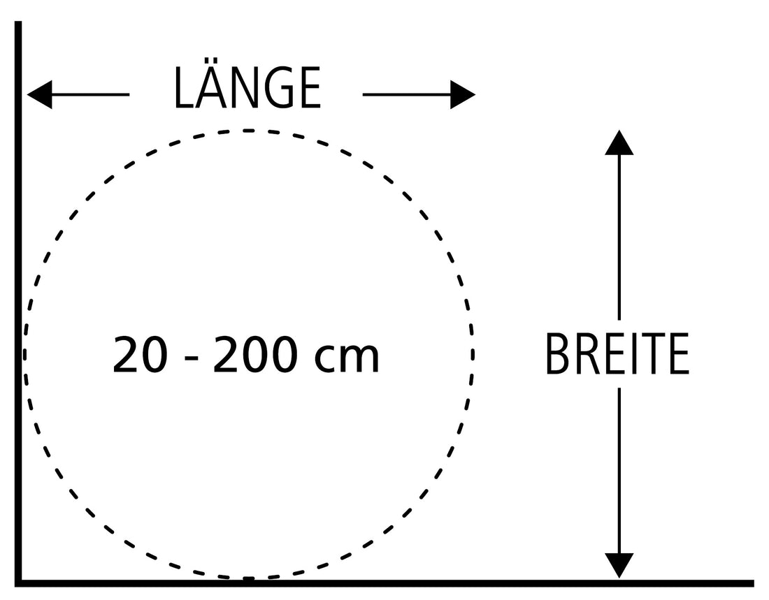 Skizze mit Kreis 20–200 cm und Pfeilen für Länge und Breite