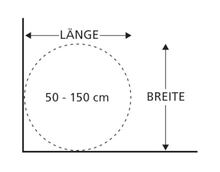 Skizze mit Kreis 50–150 cm und Pfeilen für Länge- und Breitenmaße