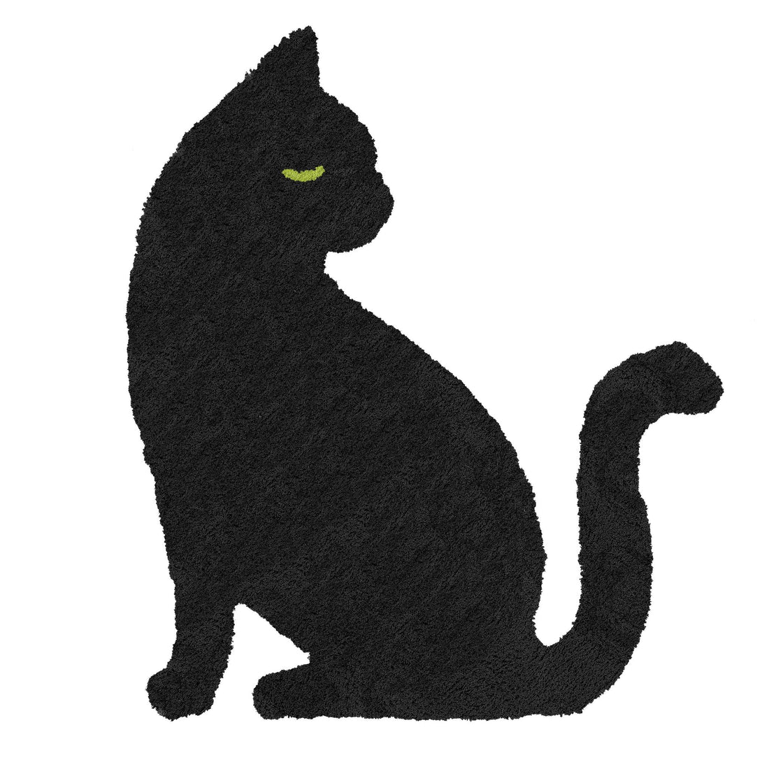 Schwarzer Badteppich in Form einer sitzenden Katze mit grünem Auge