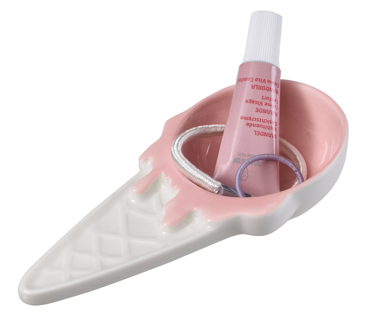Rosa-weißes Eiscreme-Schälchen mit kleinen Haargummis und Kosmetiktube