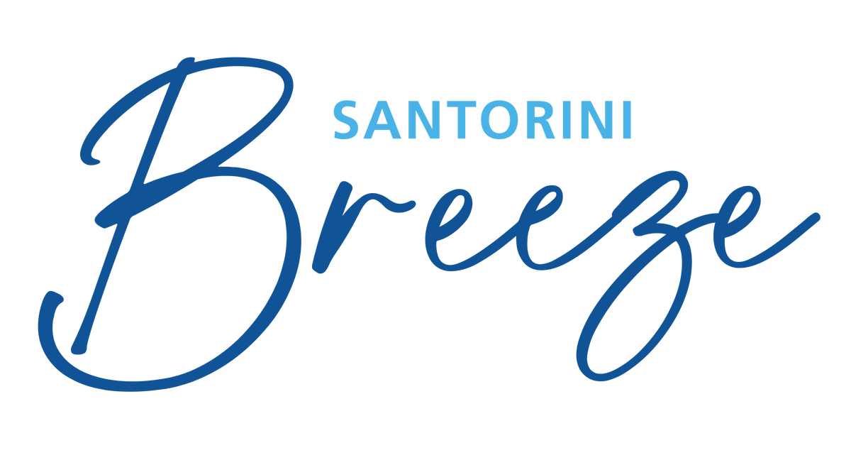 Blaues Logo mit dem Schriftzug Santorini Breeze.