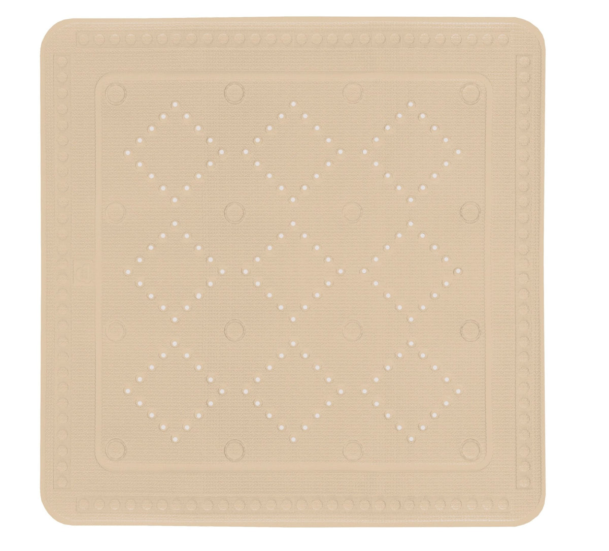 Beige rechteckige Badematte mit Rautenmuster und kleinen Löchern