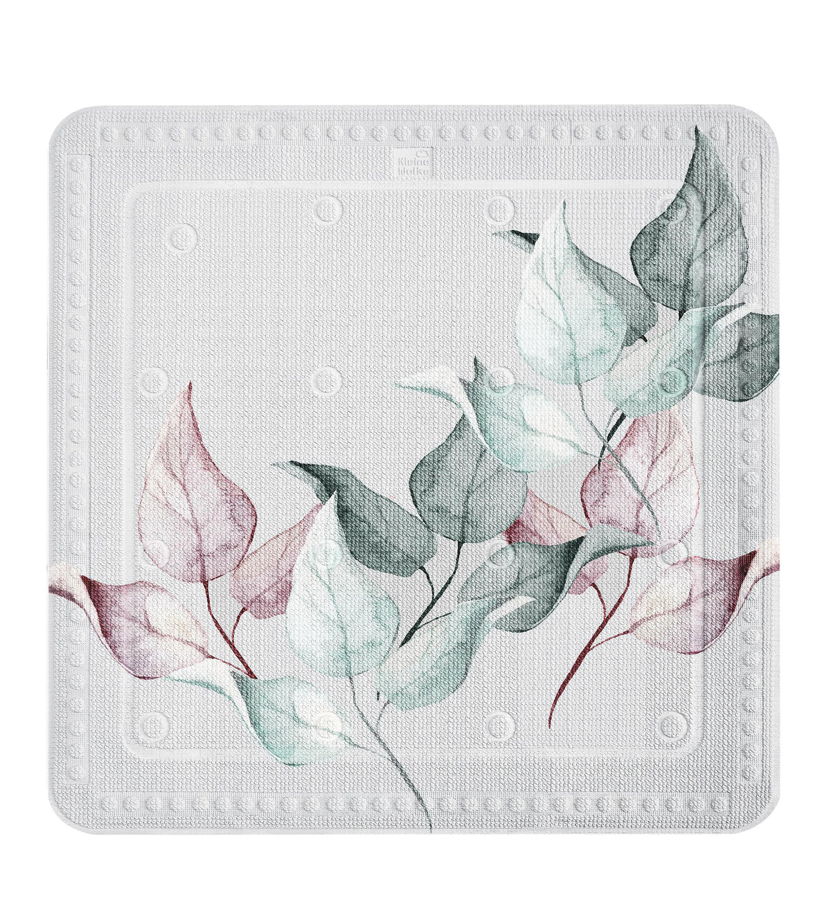 Quadratische Antirutschmatte mit zarten Blättern in Grün und Rosa.