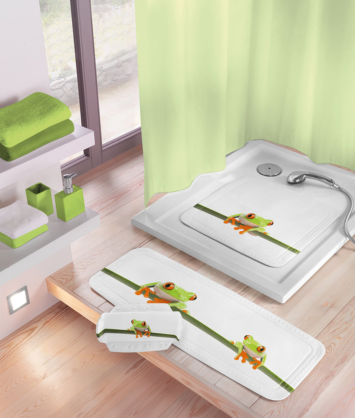 Dusch- und Badematten-Set mit Froschmotiv in moderner weißer Dusche