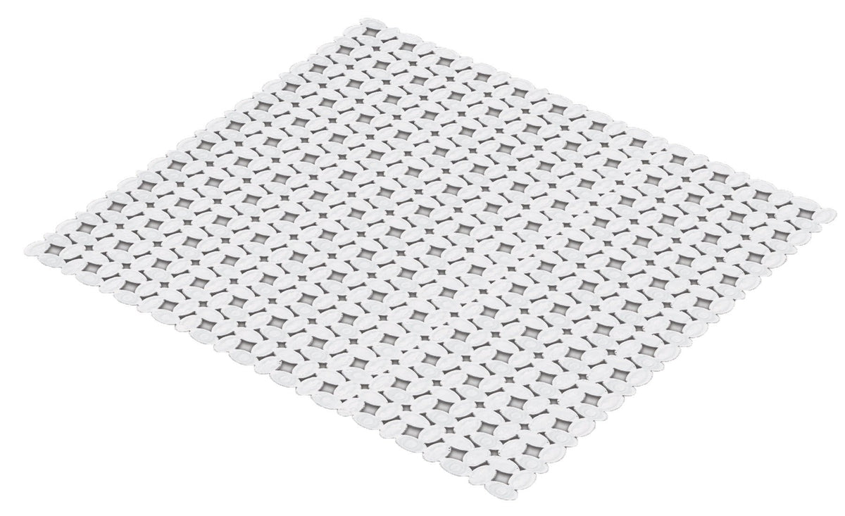 Weiße Mosaik-Badematte mit rutschfestem Wabenmuster aus kleinen Quadraten