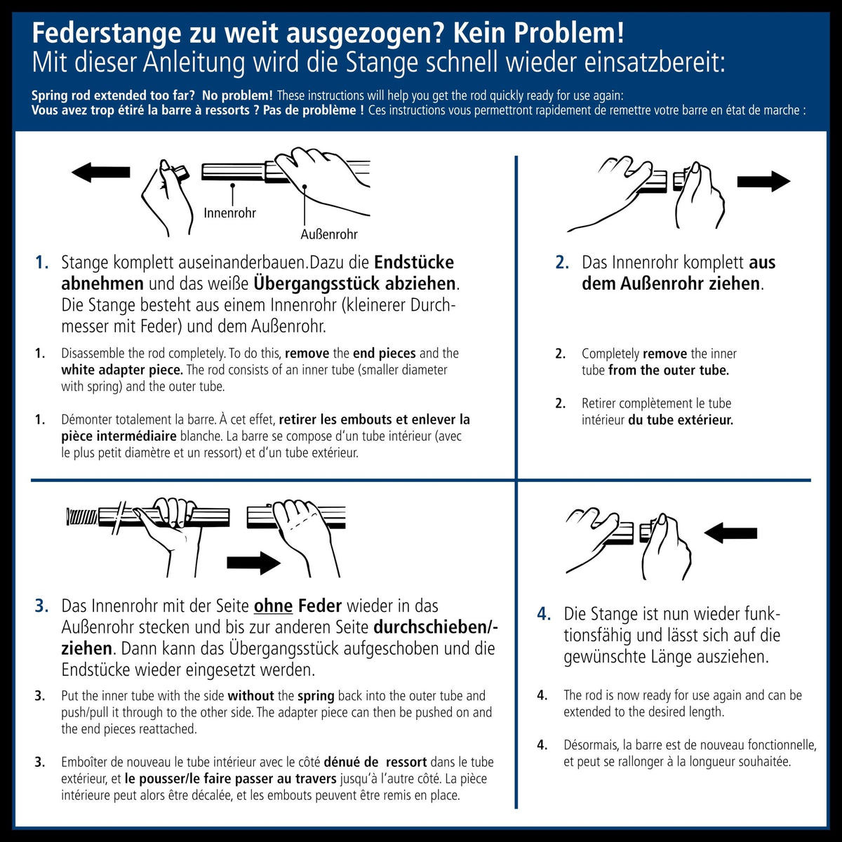 Schritt-für-Schritt-Grafik zum Zusammenbau einer Feder-Duschstange