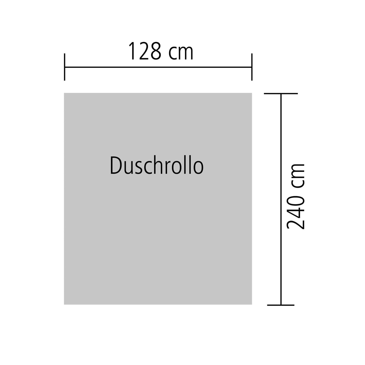 Graues Duschrollo als Rechteck mit Maßangaben 128 x 240 Zentimeter