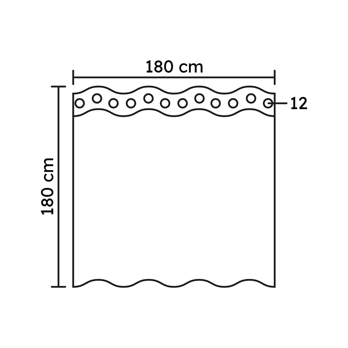 Duschvorhang 180 x 180 cm mit 12 Ösen und welligem Saum oben und unten