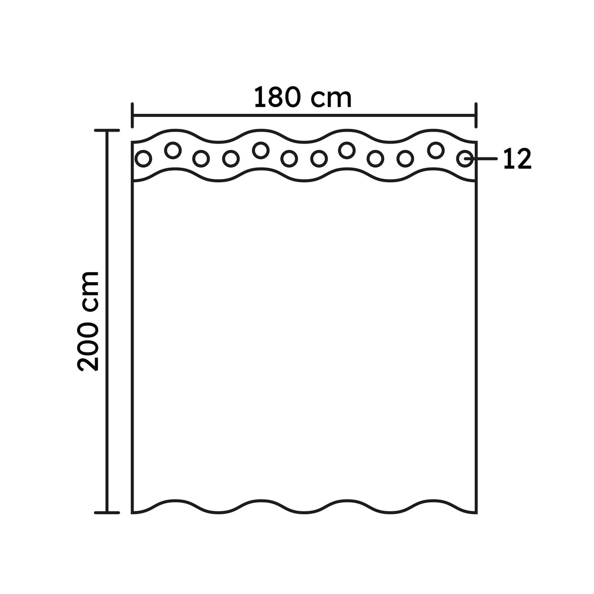 Duschvorhang 180 x 200 cm mit 12 Ösen, schematische Zeichnung vorne