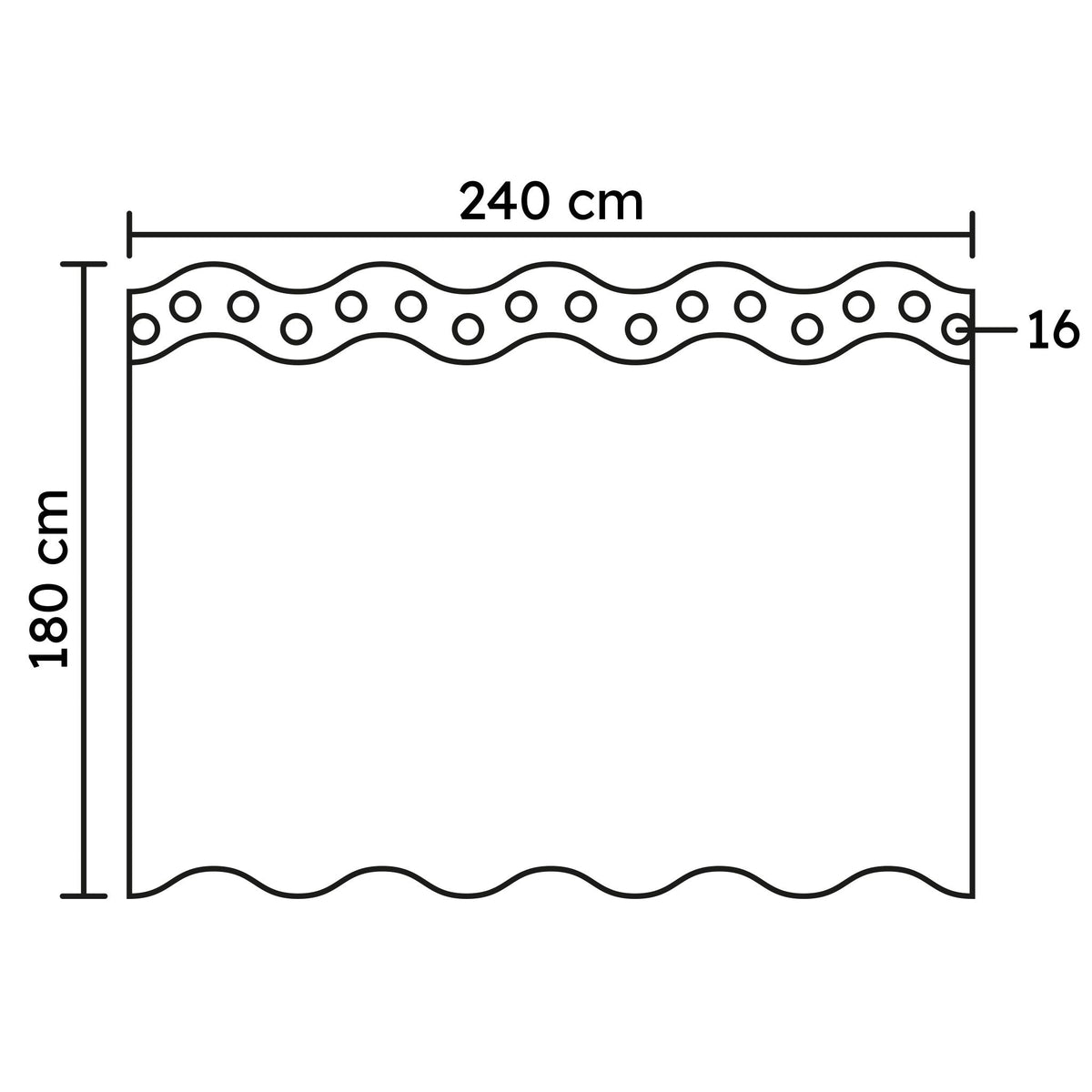 Weißer Duschvorhang 240x180 cm mit Wellenkante oben und unten und 16 Ösen